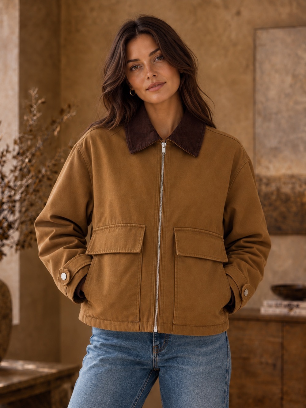 Gorgeous House of Harlow 1960 Tan Canvas Barn Jacket with Corduroy Collar